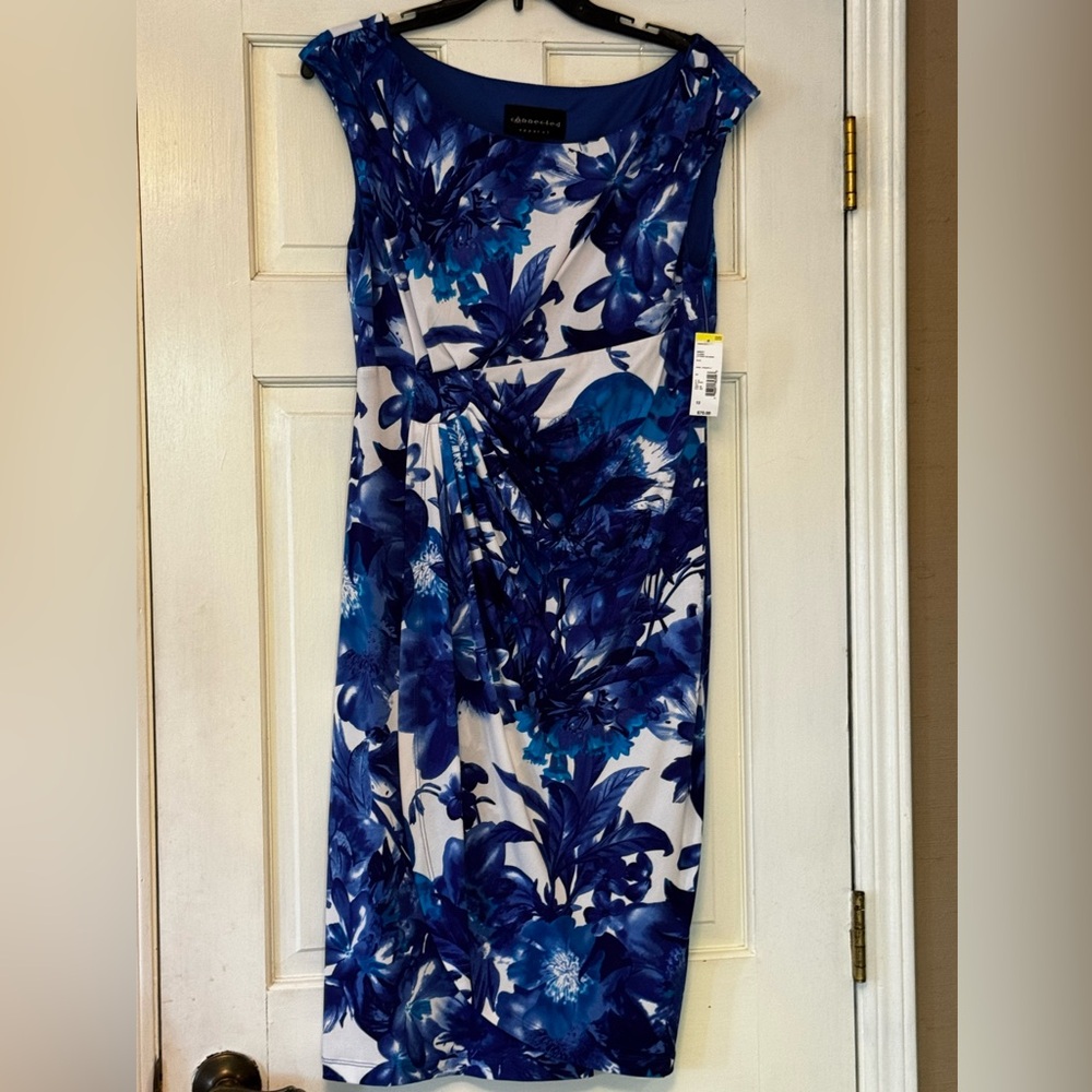 Alfani Blue & White Floral Midi Dress with Side‎ Ruching